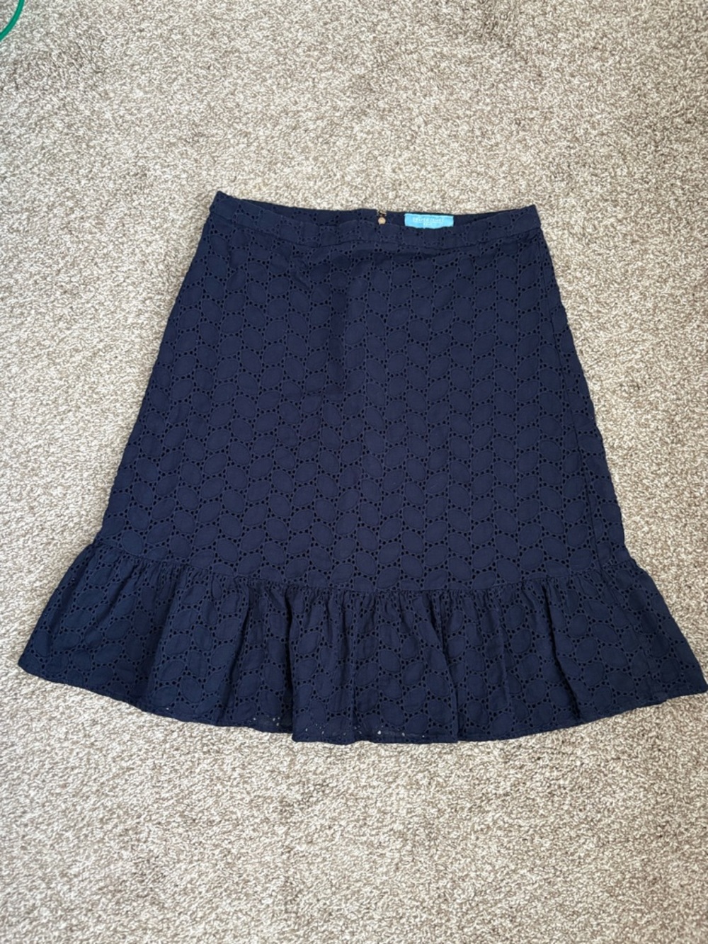 Navy Eyelet A-Line Skirt with Ruffle Hem